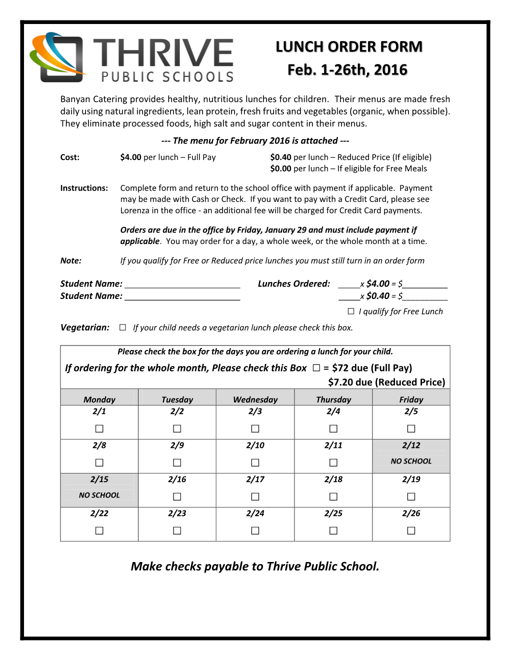 LUNCH ORDER FORM Feb. 1-26Th, 2016