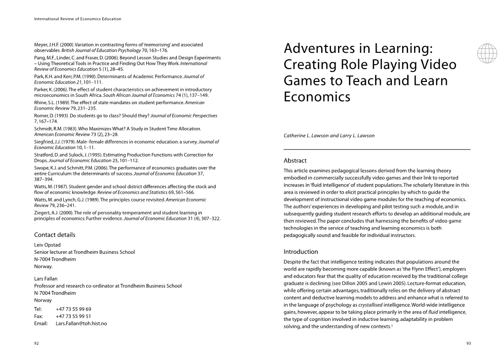 Creating Role Playing Video Games to Teach and Learn Economics