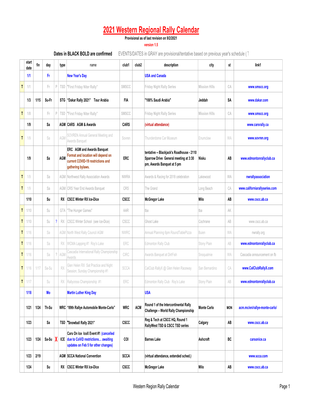 2021 Western Regional Rally Calendar