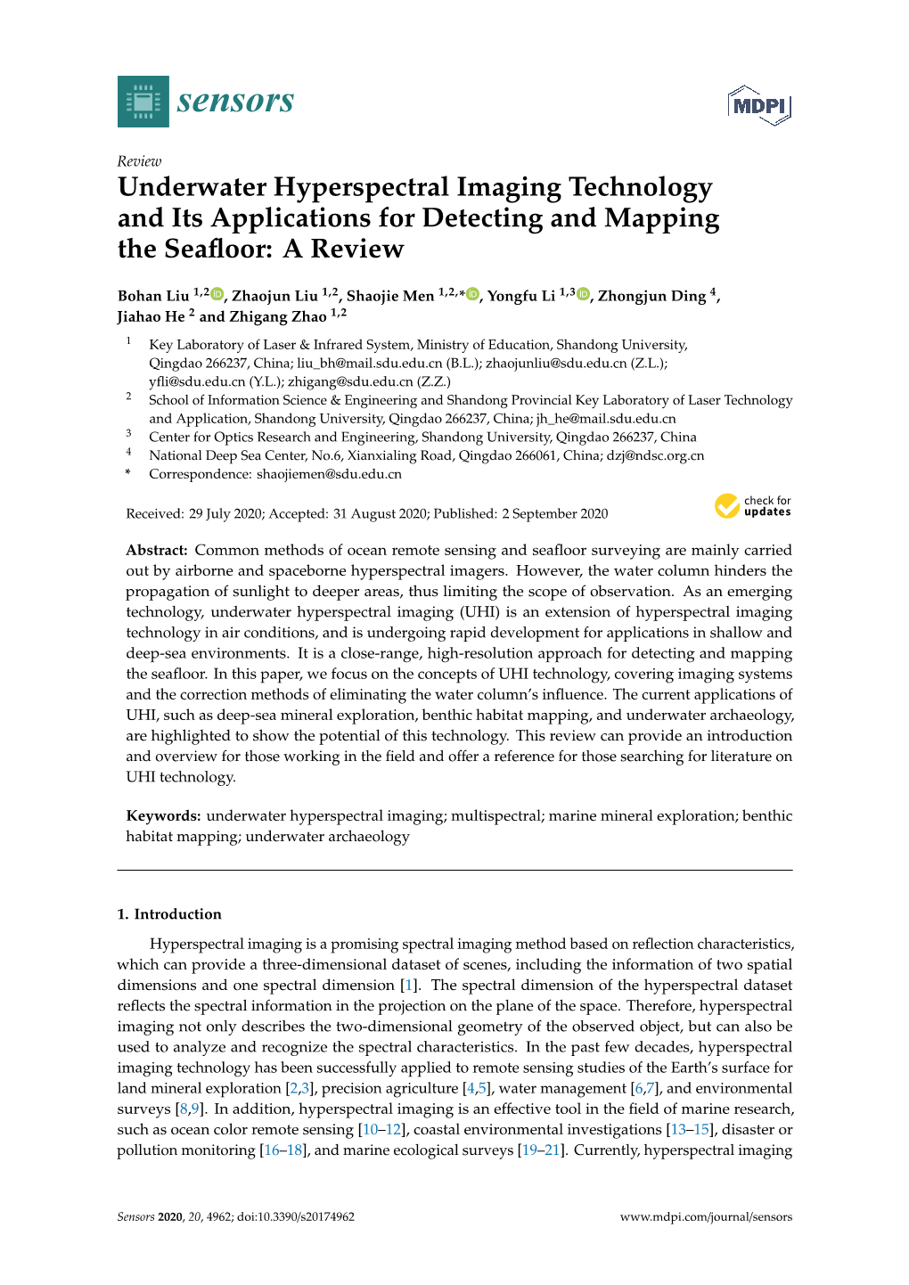 Underwater Hyperspectral Imaging Technology and Its Applications for Detecting and Mapping the Seafloor