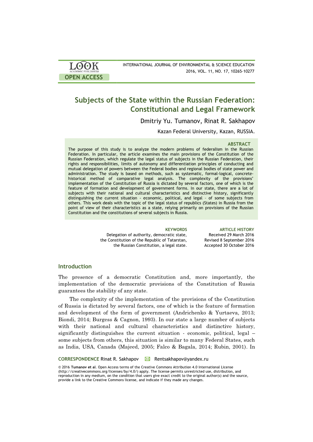 Subjects of the State Within the Russian Federation: Constitutional and Legal Framework Dmitriy Yu