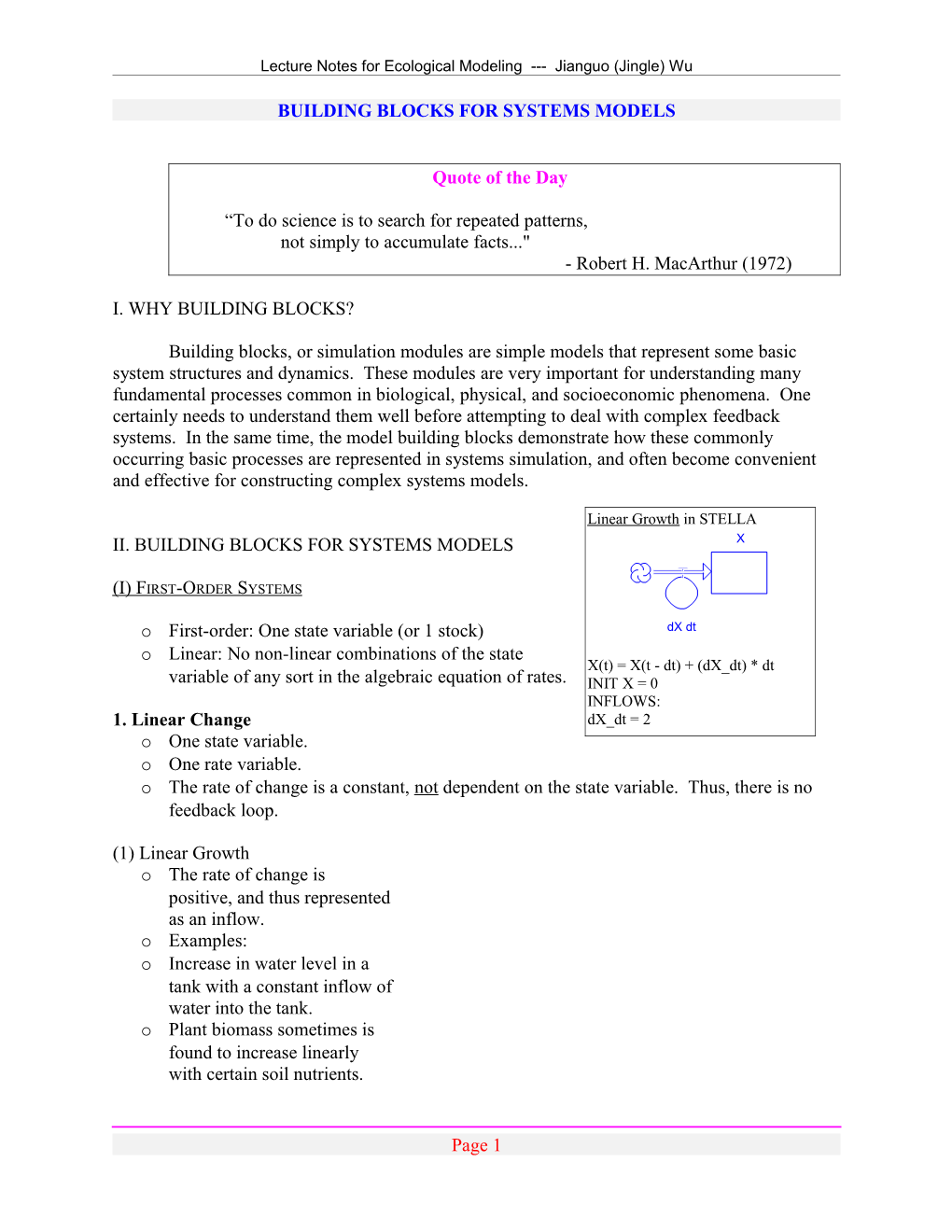 Lecture Notes for Ecological Modeling Jianguo (Jingle) Wu