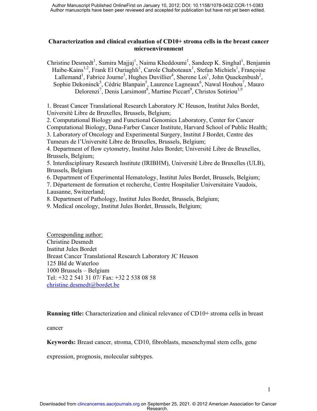 1 Characterization and Clinical Evaluation of CD10+ Stroma Cells In