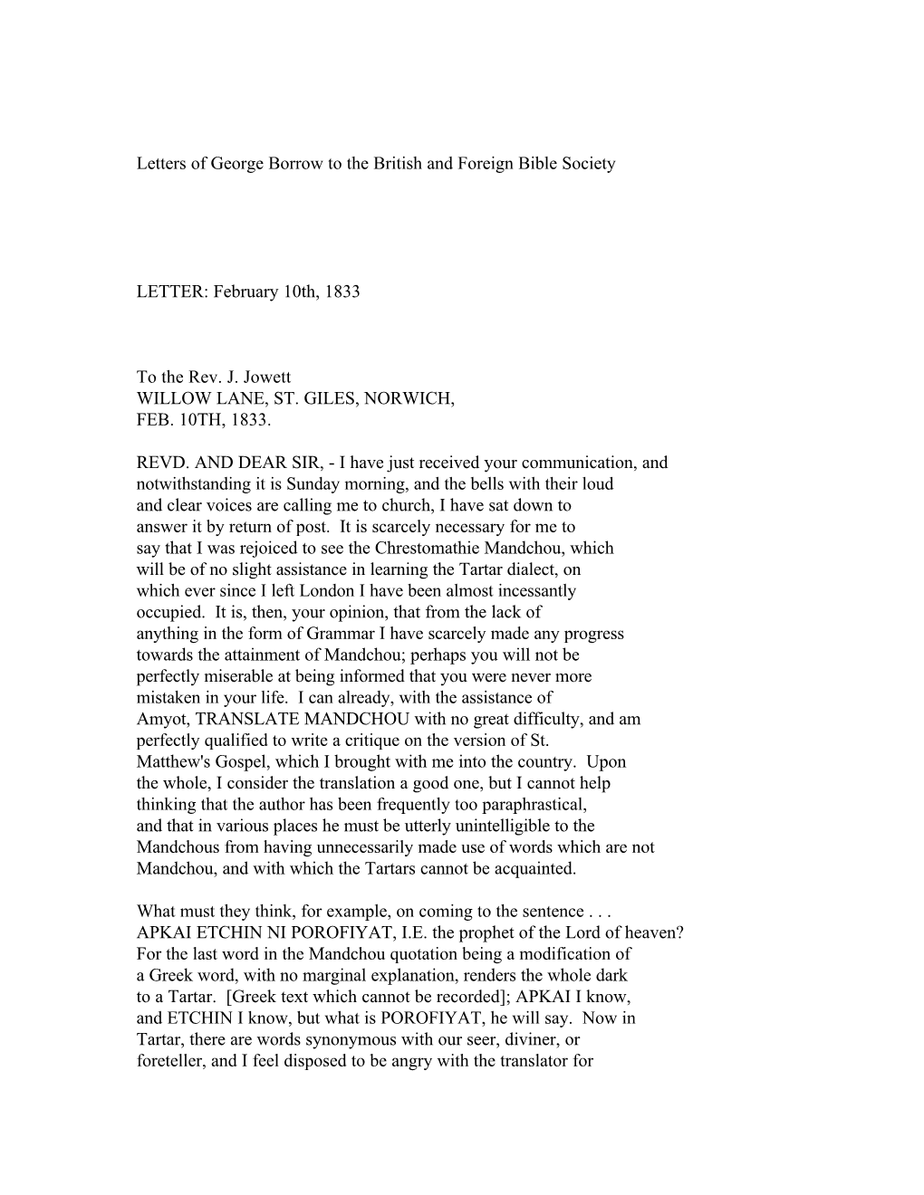 Letters of George Borrow to the British and Foreign Bible Society LETTER