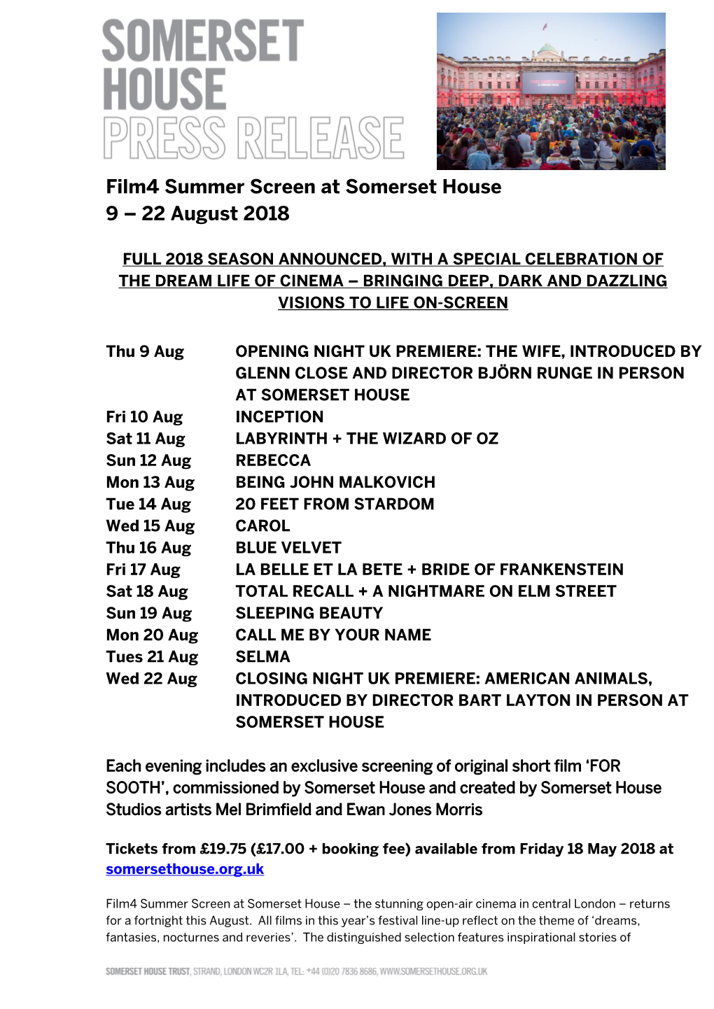 Film4 Summer Screen at Somerset House 9 – 22 August 2018