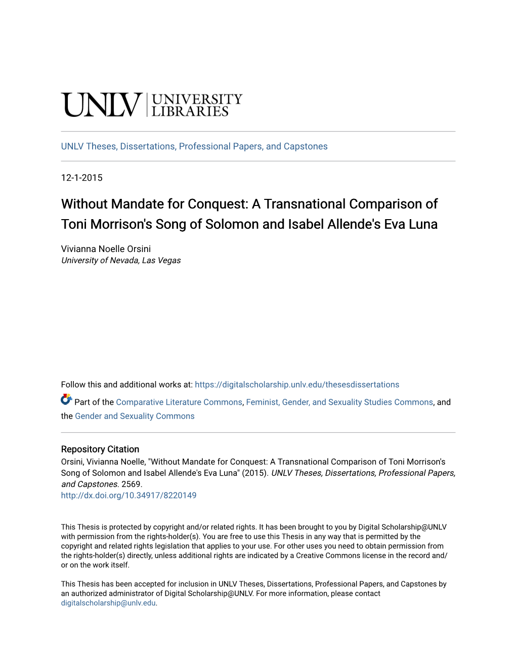 Without Mandate for Conquest: a Transnational Comparison of Toni Morrison's Song of Solomon and Isabel Allende's Eva Luna