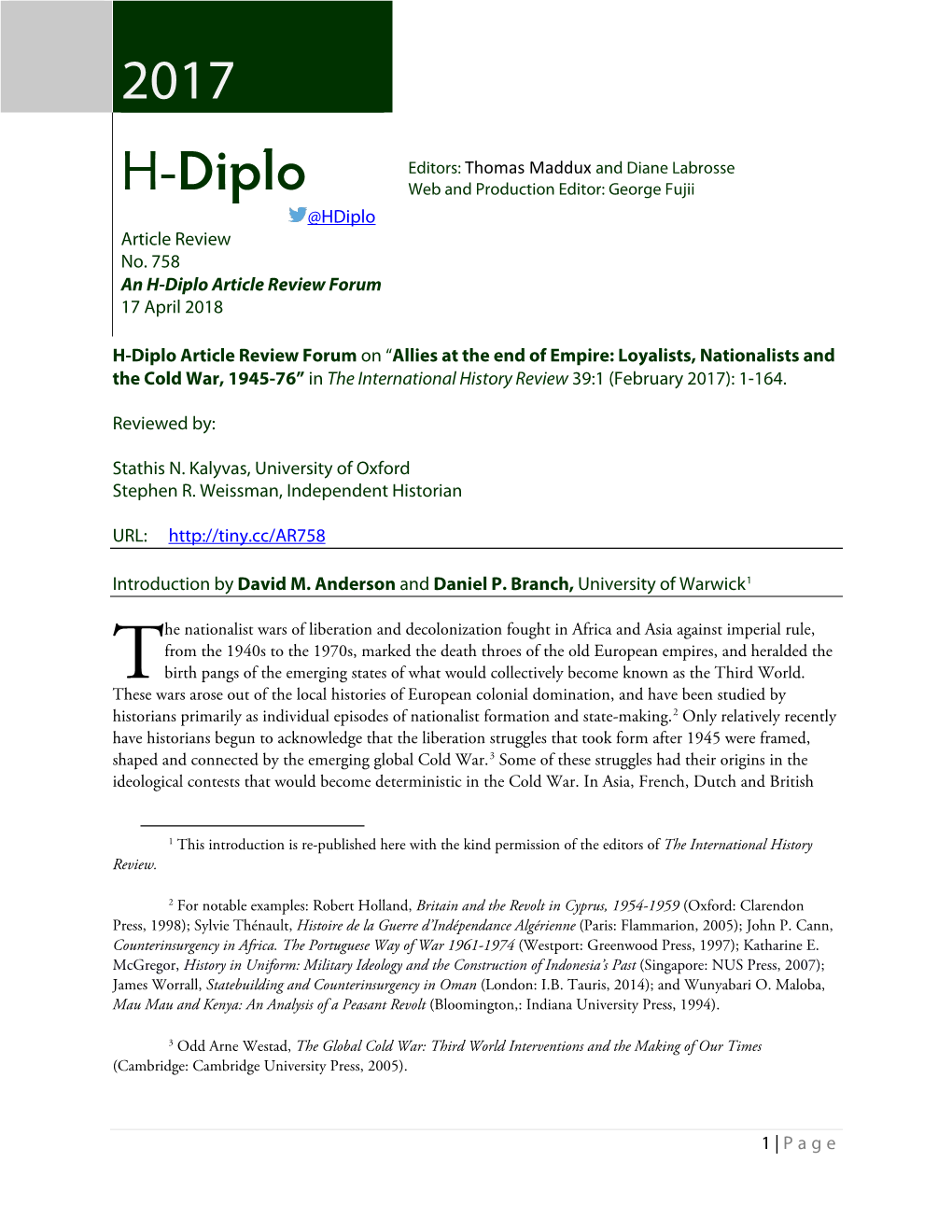 H-Diplo Article Review Forum 17 April 2018