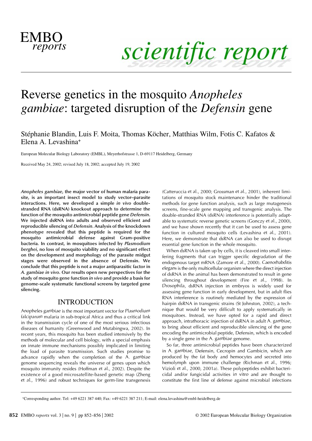 Reverse Genetics in the Mosquito Anopheles Gambiae: Targeted Disruption of the Defensin Gene