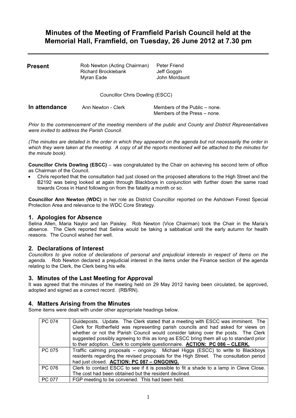 Minutes of the Meeting of the Framfield Parish Council Held