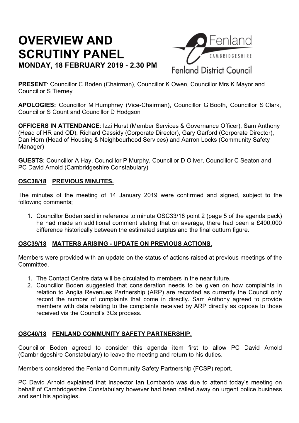 Overview and Scrutiny Panel Monday, 18 February 2019 - 2.30 Pm