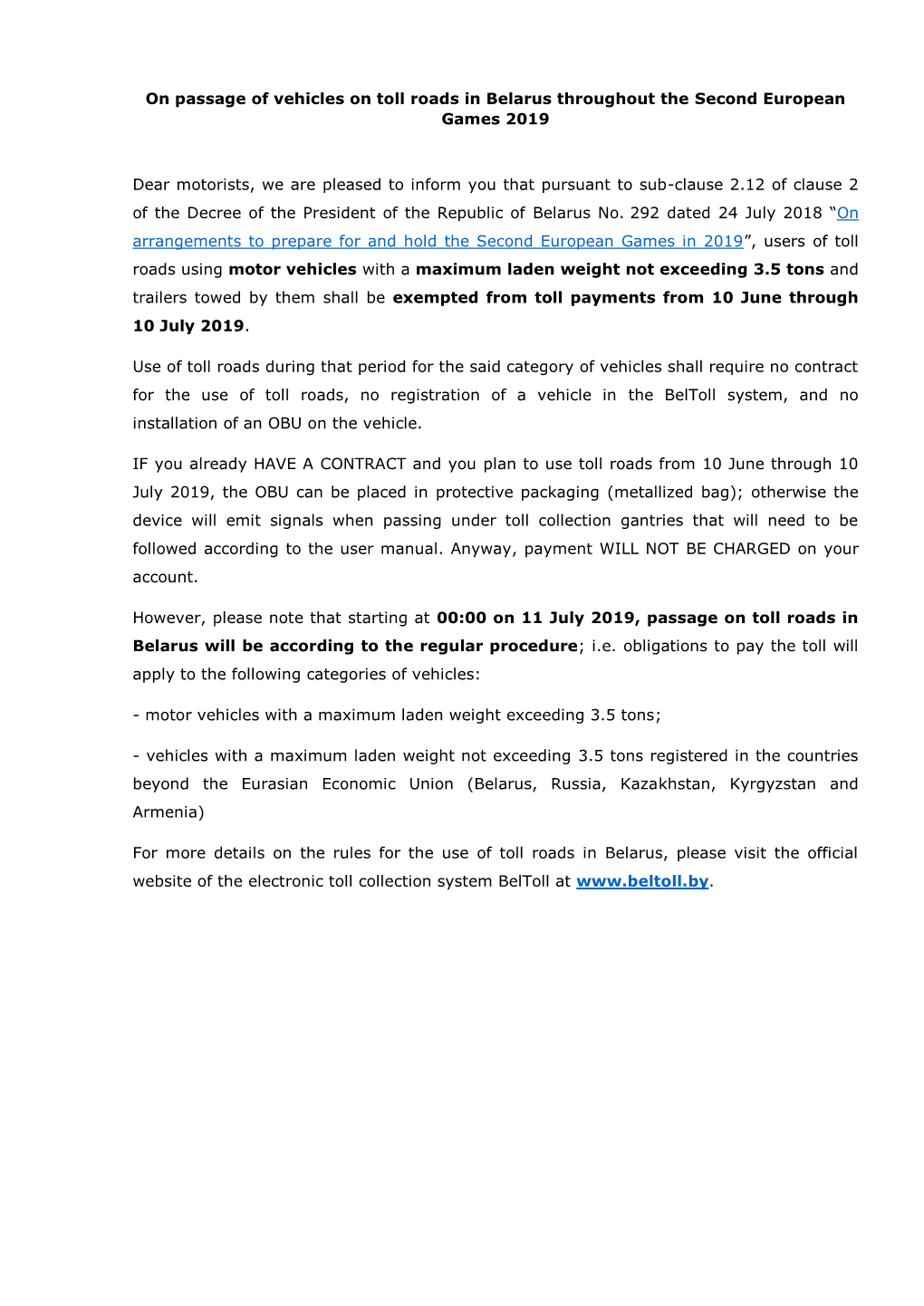 On Passage of Vehicles on Toll Roads in Belarus Throughout the Second European Games 2019