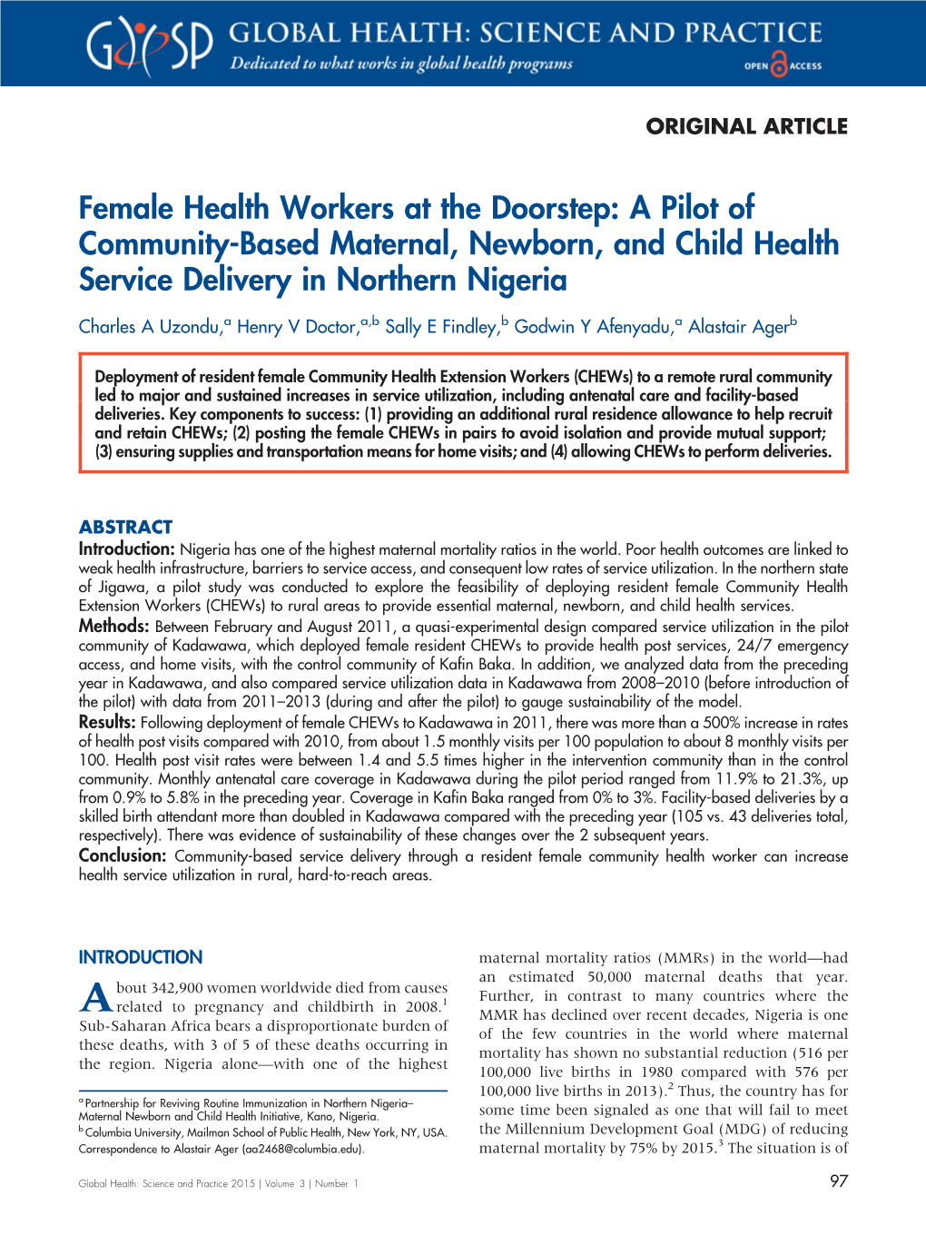 Female Health Workers at the Doorstep: a Pilot of Community-Based Maternal, Newborn, and Child Health Service Delivery in Northern Nigeria