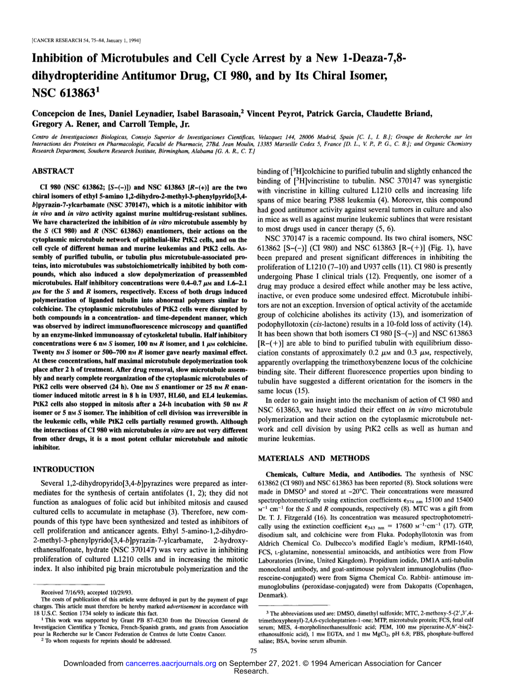 Inhibition of Microtubules and Cell Cycle Arrest by a New 1-Deaza-7,8- Dihydropteridine Antitumor Drug, CI 980, and by Its Chiral Isomer, NSC 6138631