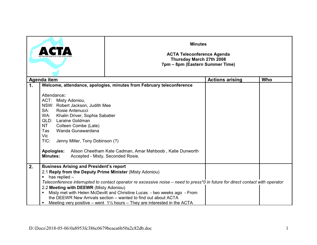 ACTA Teleconference Draft Agenda