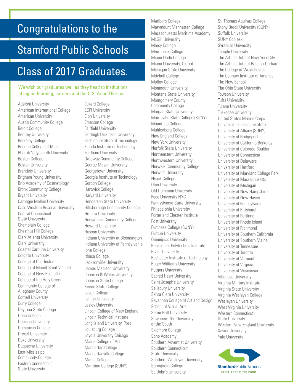 Stamford Public Schools Class of 2017 Graduates. Congratulations To
