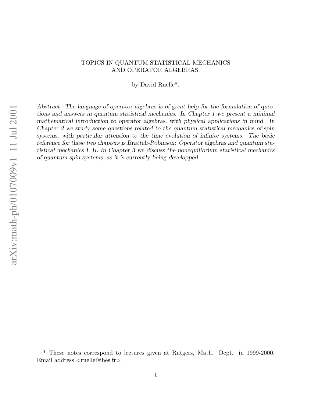 Topics in Quantum Statistical Mechanics and Operator Algebras