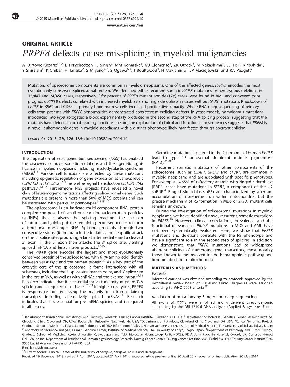 PRPF8 Defects Cause Missplicing in Myeloid Malignancies