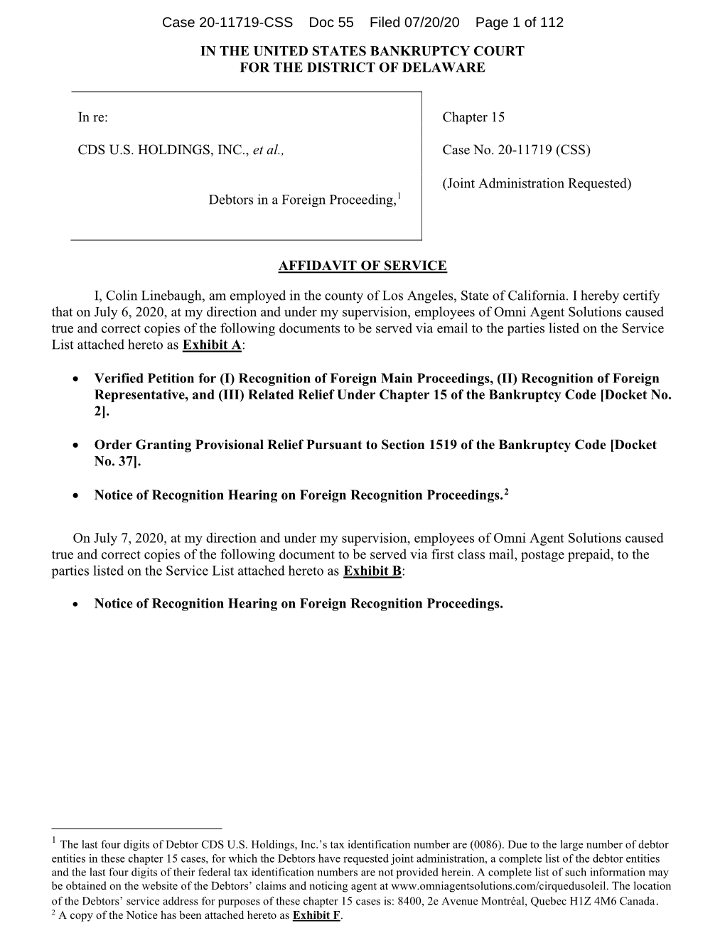 Case 20-11719-CSS Doc 55 Filed 07/20/20 Page 1 of 112