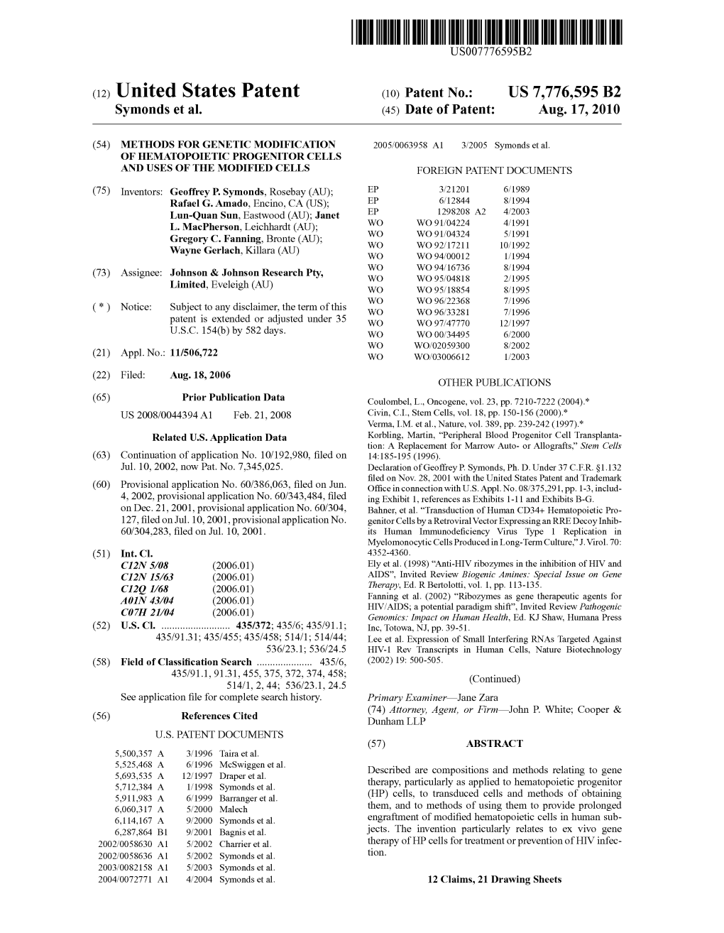 (12) United States Patent (10) Patent No.: US 7,776,595 B2 Symonds Et Al