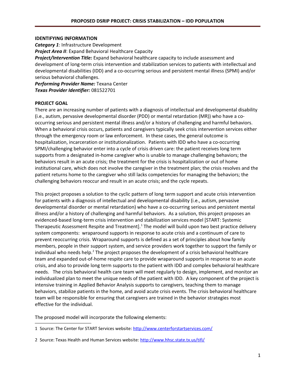 Proposed Dsrip Project: Crisis Stabilization – Idd Population