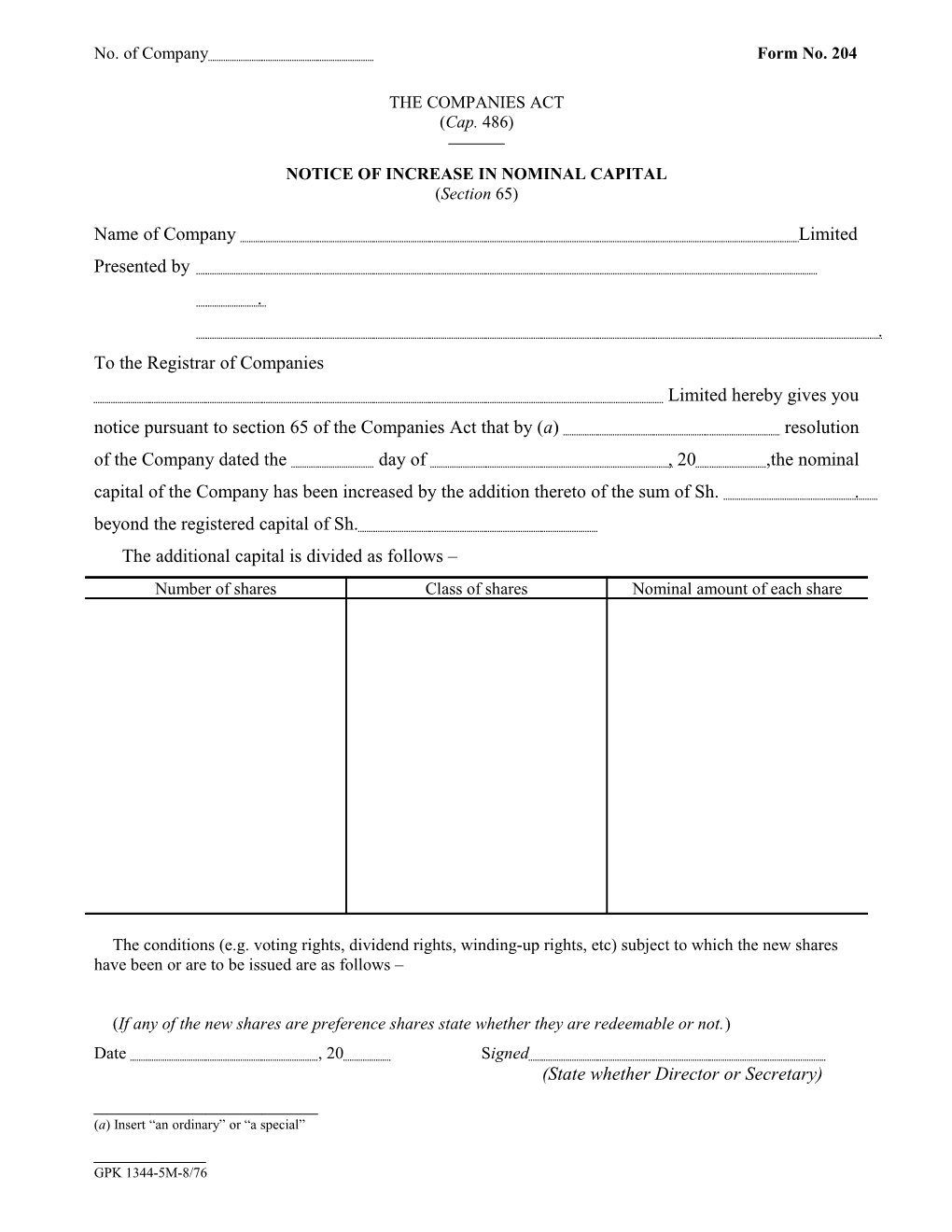 Notice of Increase in Nominal Capital