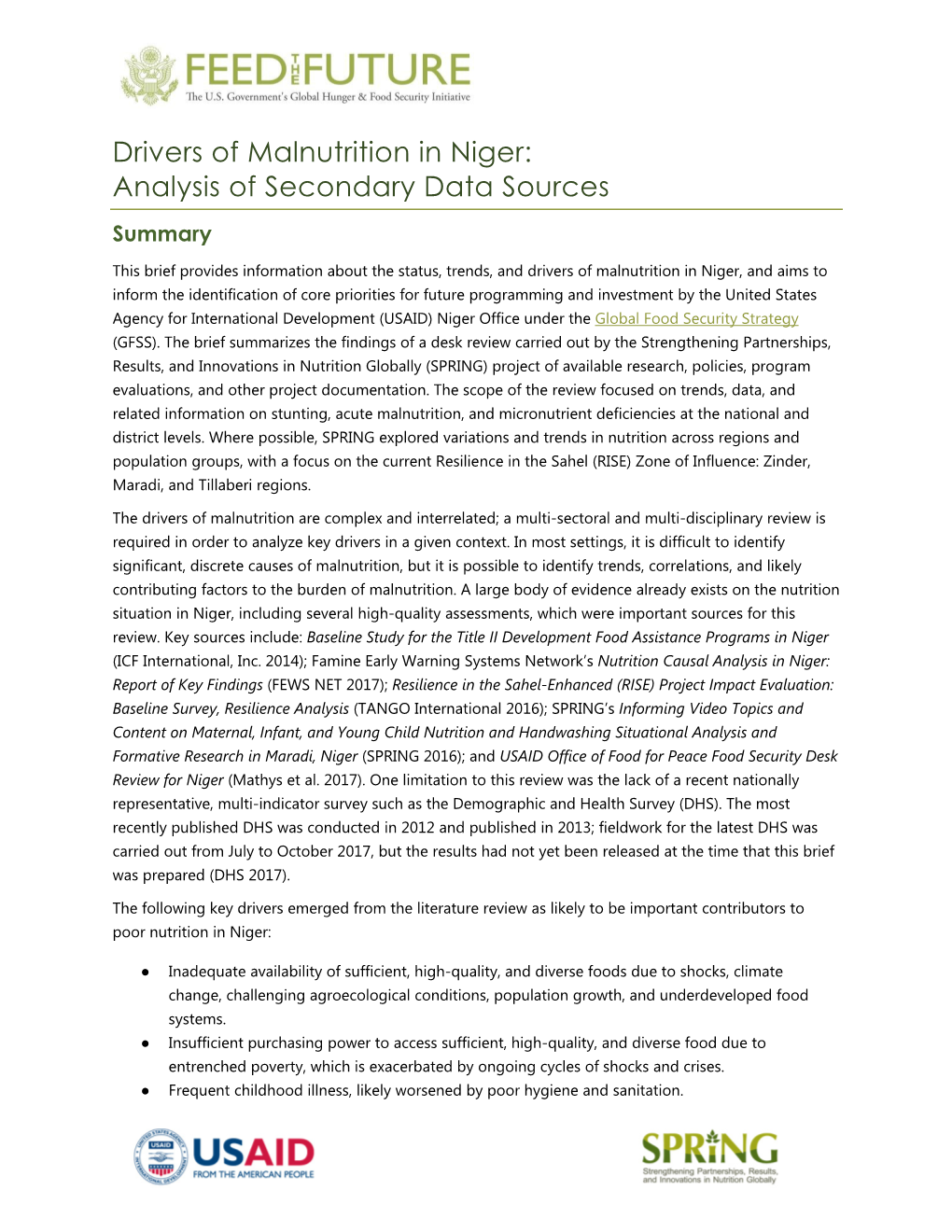 Drivers of Malnutrition in Niger: Analysis of Secondary Data Sources