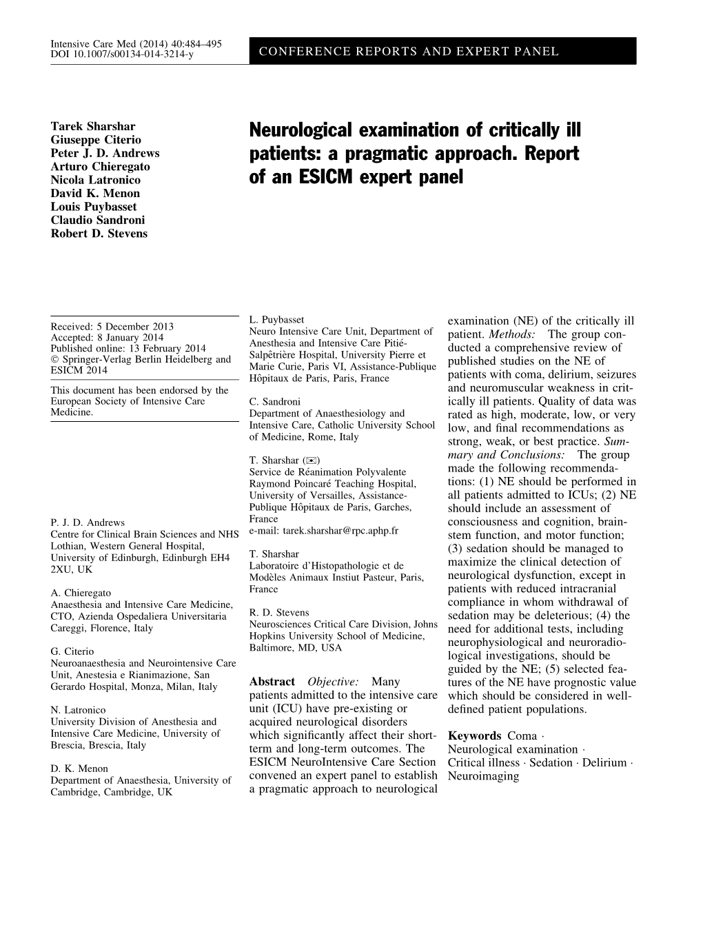 Neurological Examination of Critically Ill Patients