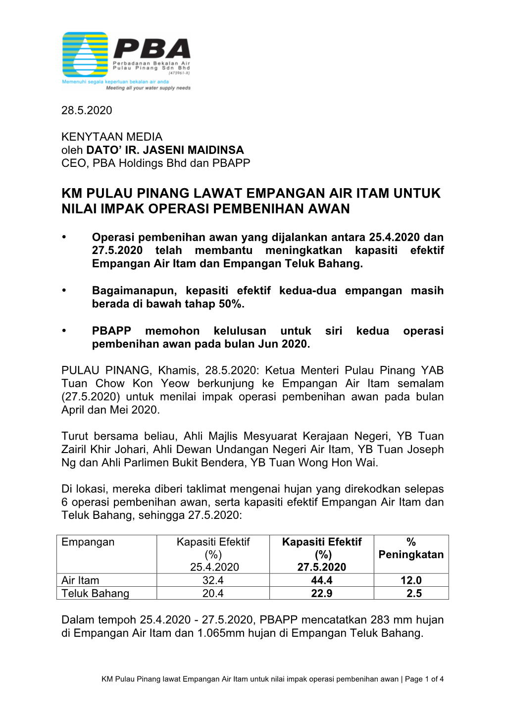 Km Pulau Pinang Lawat Empangan Air Itam Untuk Nilai Impak Operasi Pembenihan Awan