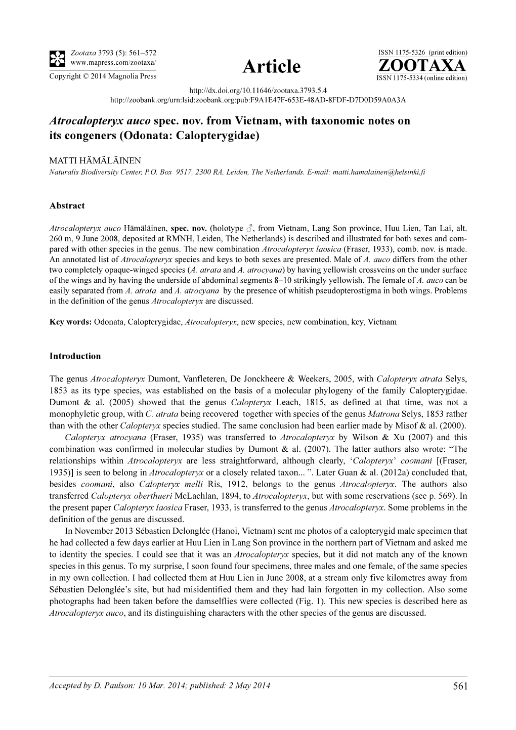 Atrocalopteryx Auco Spec. Nov. from Vietnam, with Taxonomic Notes on Its Congeners (Odonata: Calopterygidae)