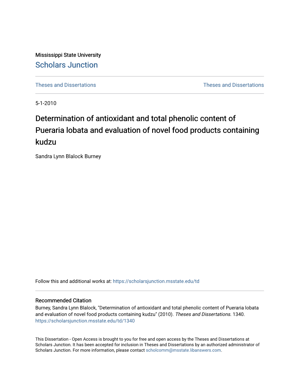 Determination of Antioxidant and Total Phenolic Content of Pueraria Lobata and Evaluation of Novel Food Products Containing Kudzu