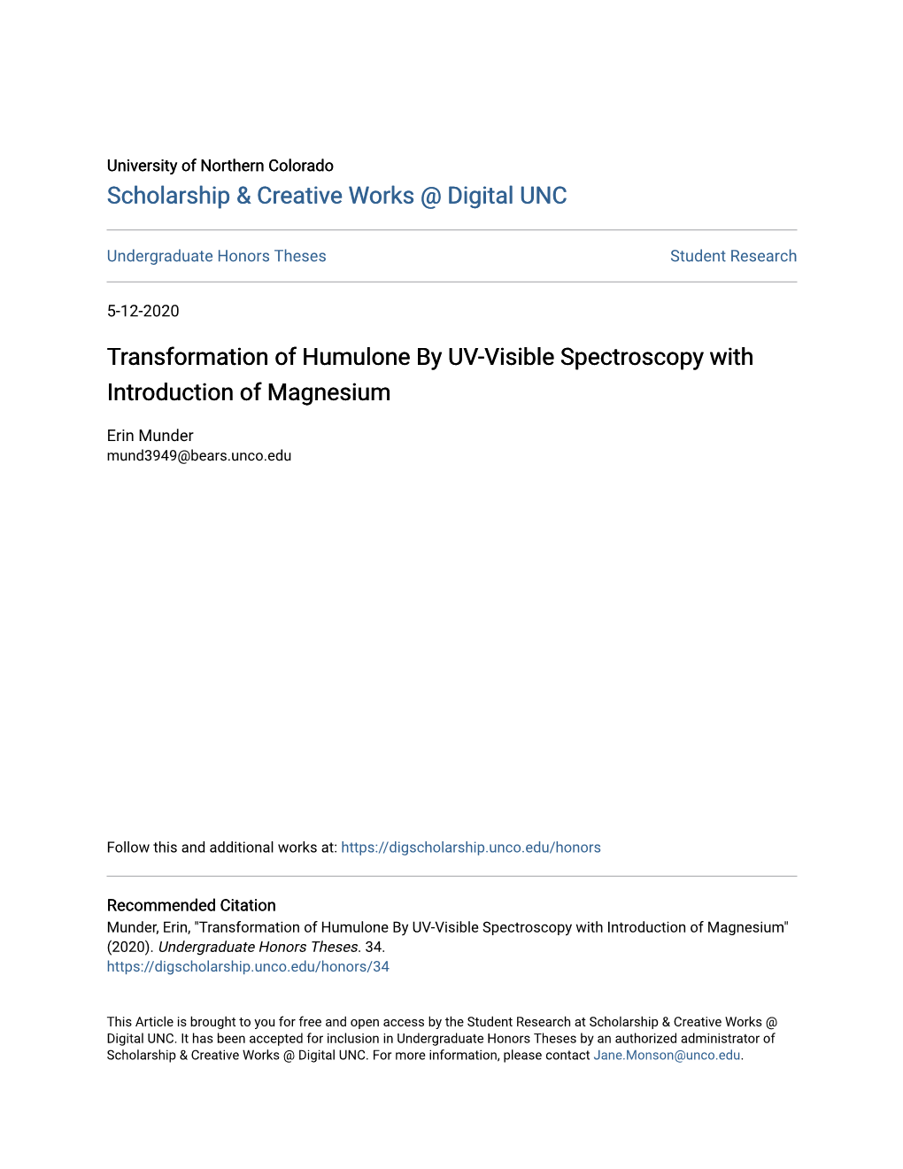 Transformation of Humulone by UV-Visible Spectroscopy with Introduction of Magnesium