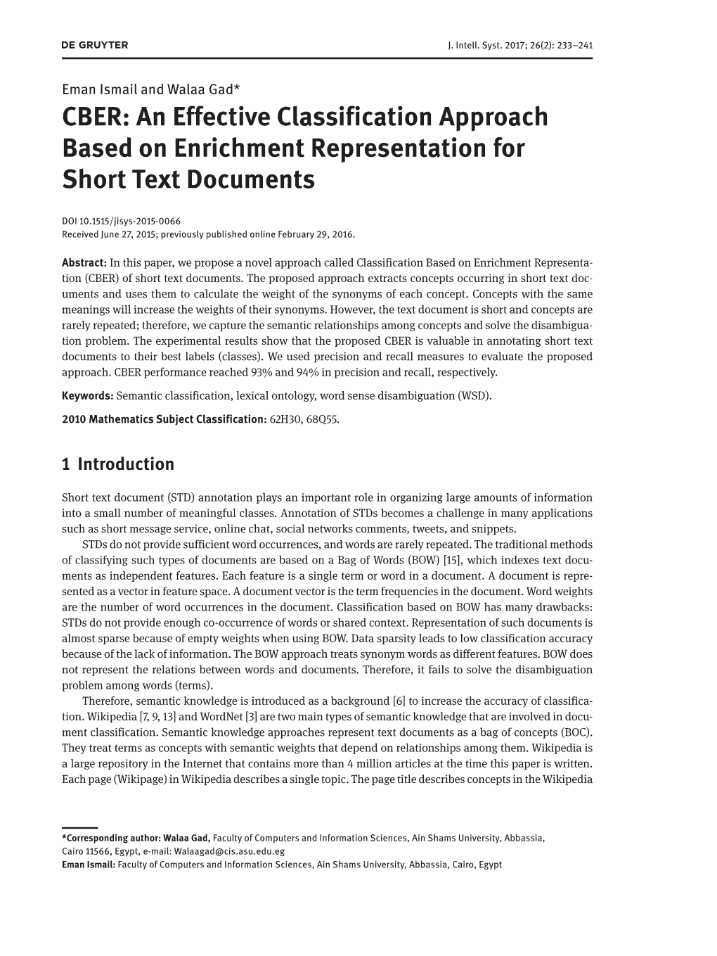 CBER: an Effective Classification Approach Based on Enrichment Representation for Short Text Documents