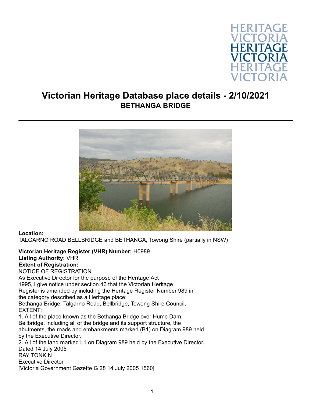 Victorian Heritage Database Place Details - 2/10/2021 BETHANGA BRIDGE
