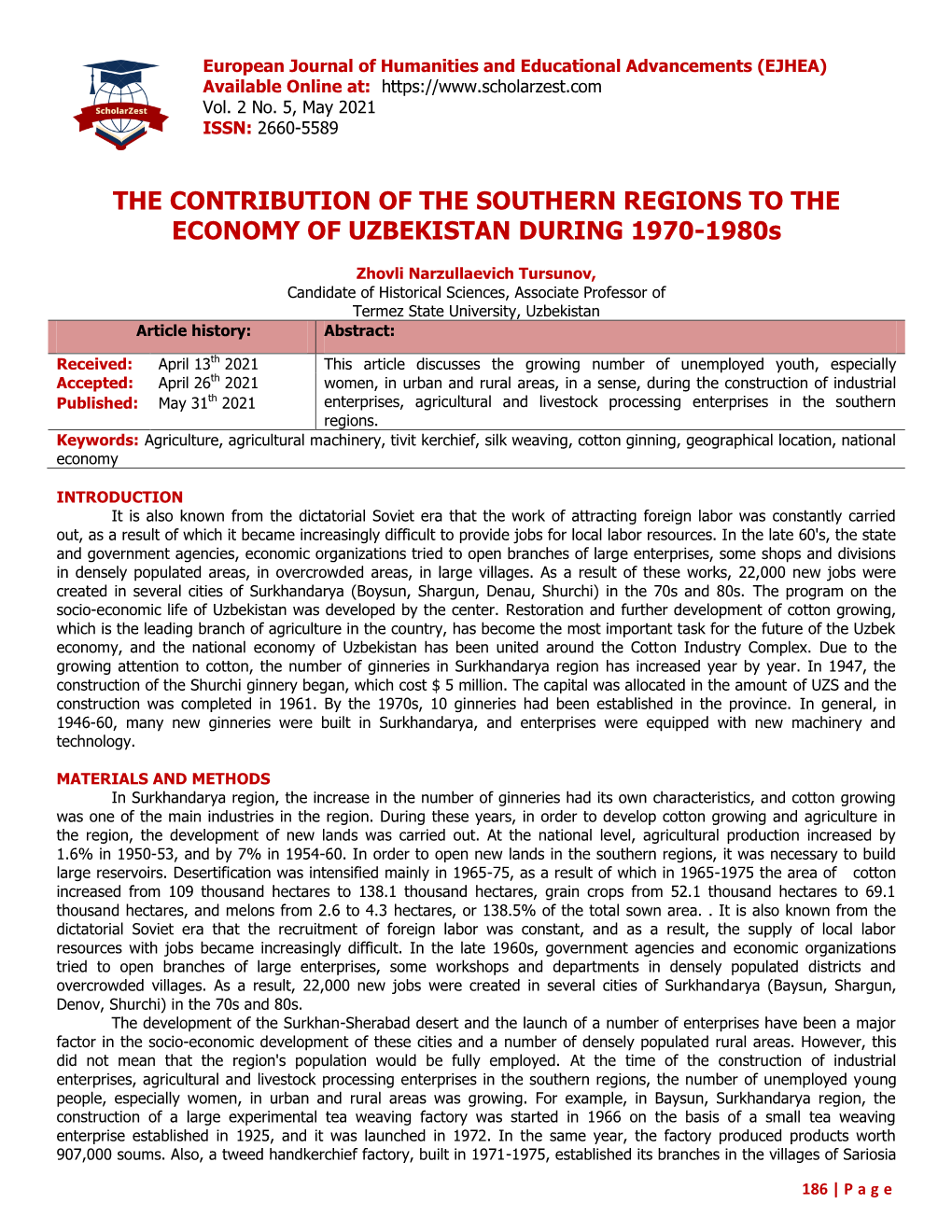 THE CONTRIBUTION of the SOUTHERN REGIONS to the ECONOMY of UZBEKISTAN DURING 1970-1980S