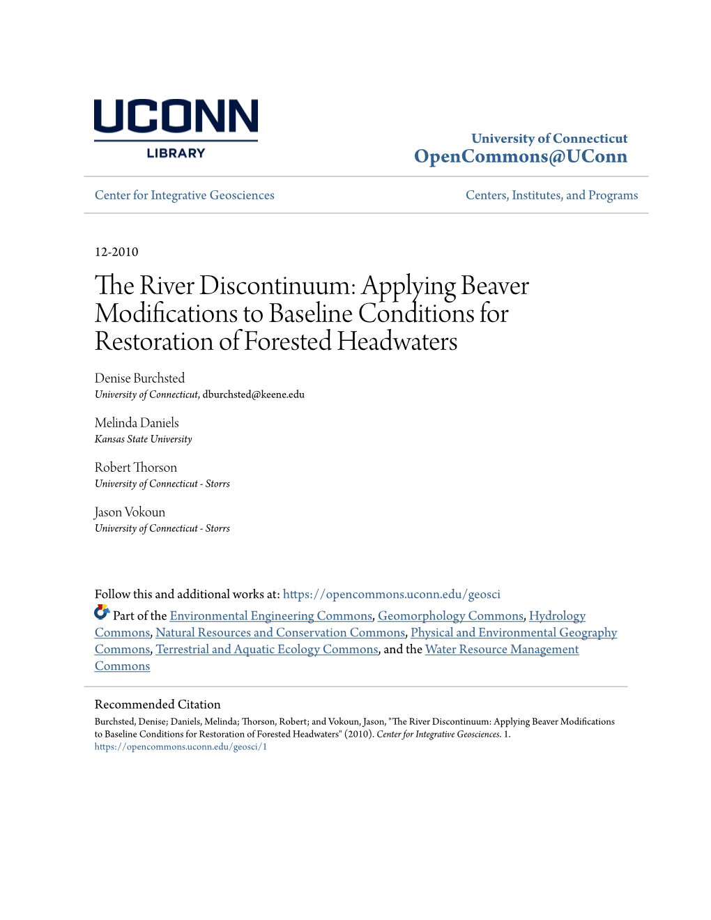 The River Discontinuum: Applying Beaver Modifications to Baseline Conditions for Restoration of Forested Headwaters