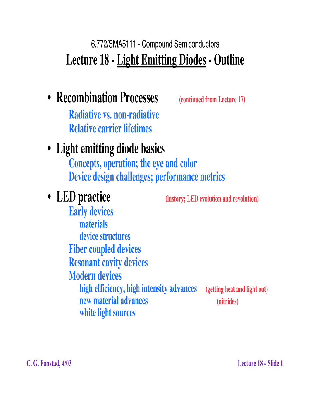 Lecture 18 - Light Emitting Diodes - Outline