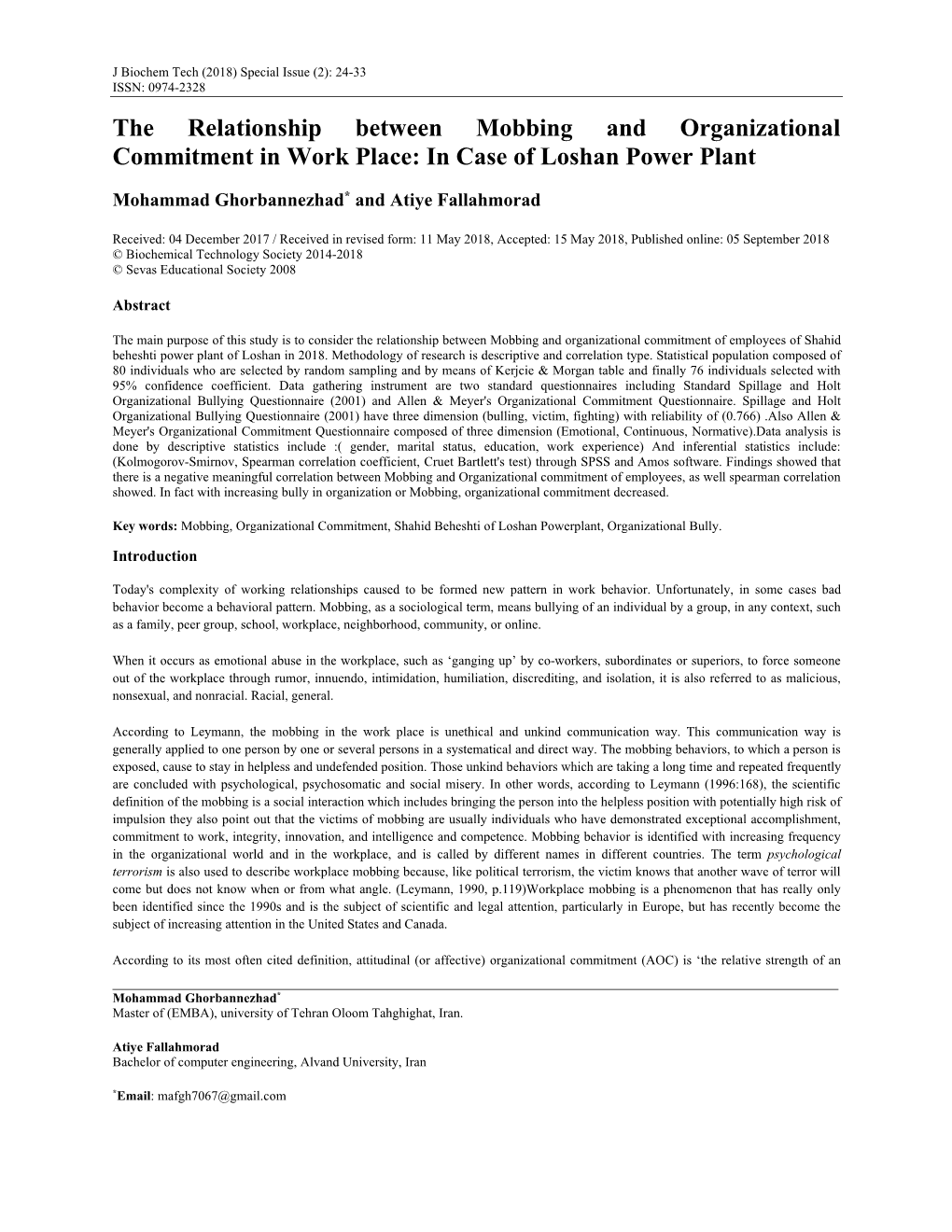 The Relationship Between Mobbing and Organizational Commitment in Work Place: in Case of Loshan Power Plant