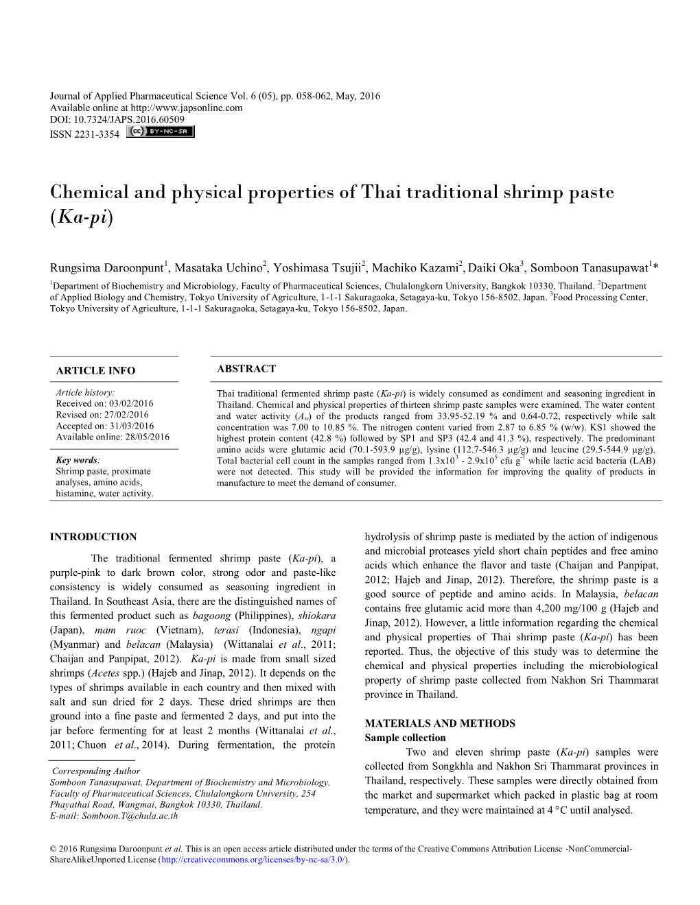 Chemical and Physical Properties of Thai Traditional Shrimp Paste (Ka-Pi)