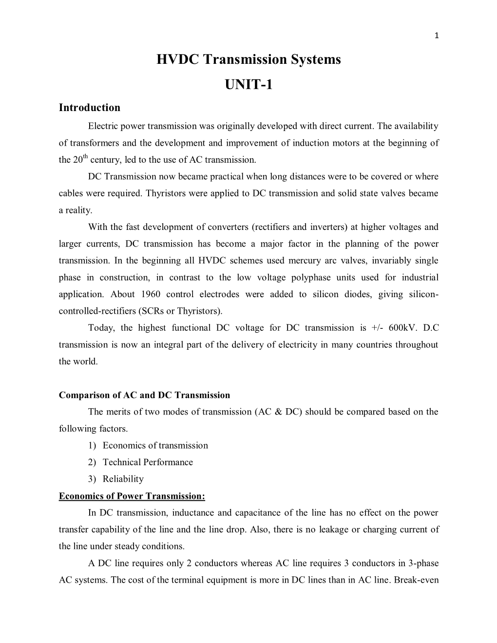 HVDC Transmission Systems UNIT-1 Introduction Electric Power Transmission Was Originally Developed with Direct Current