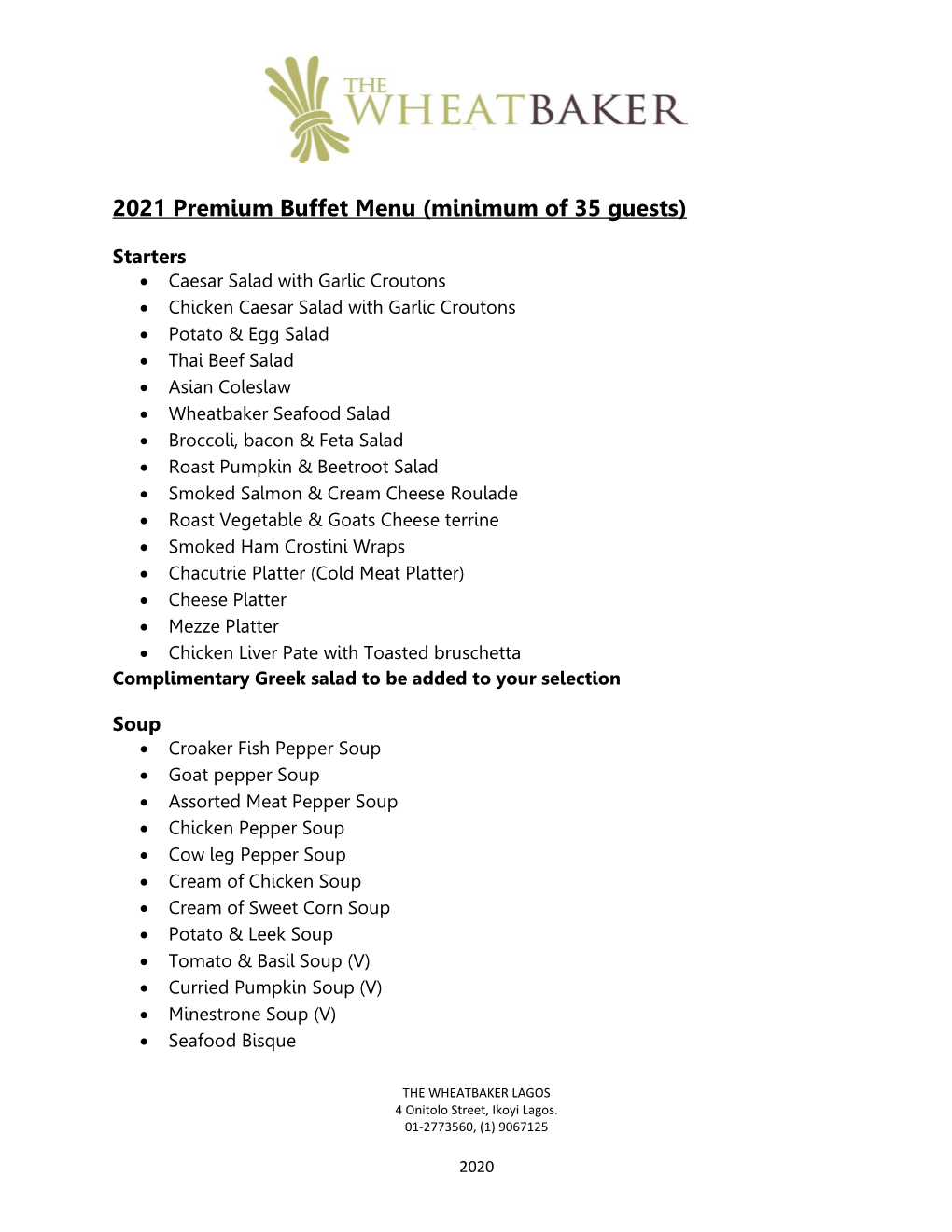 2021 Premium Buffet Menu (Minimum of 35 Guests)