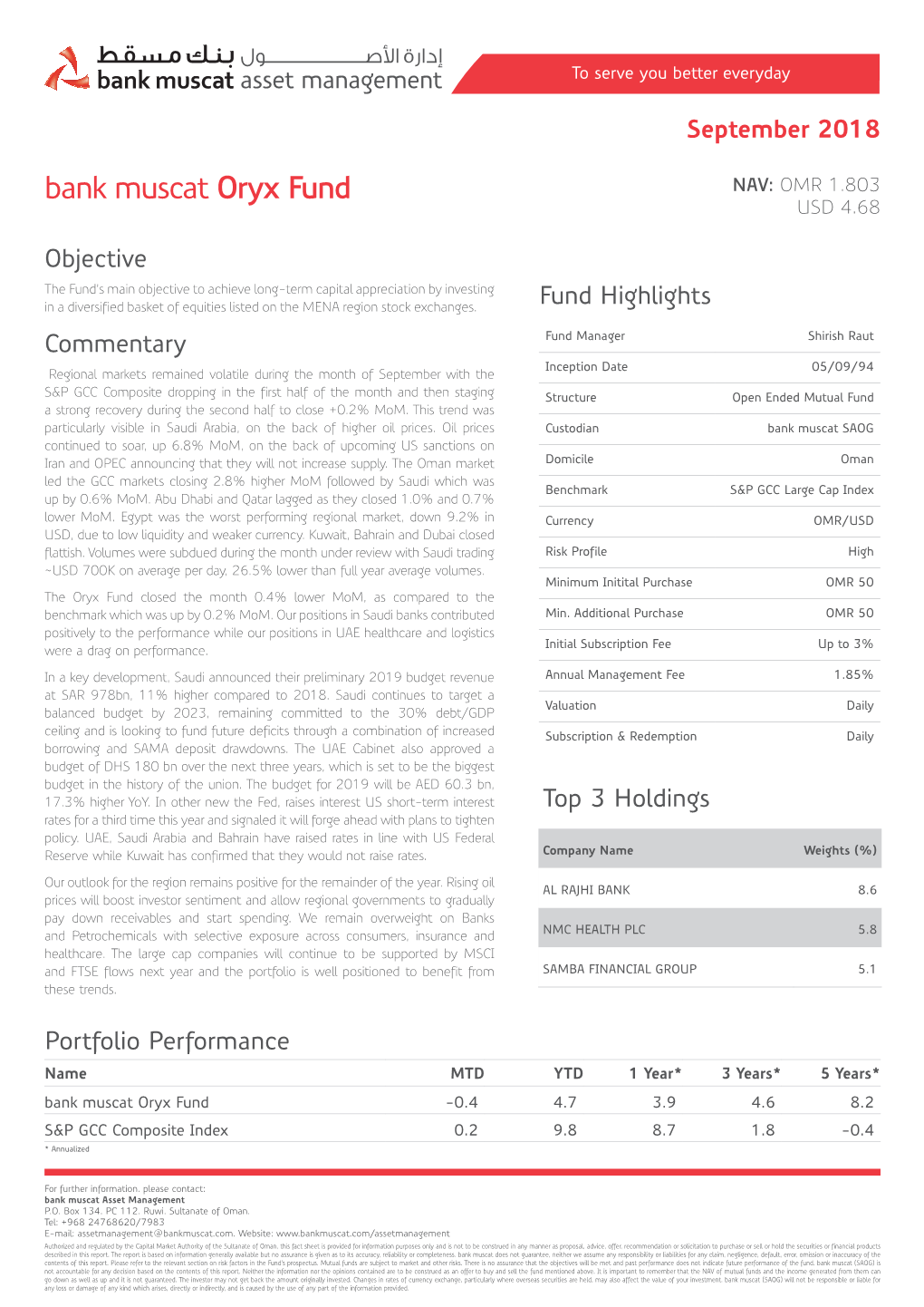 Bank Muscat Oryx Fund NAV: OMR 1.803 USD 4.68