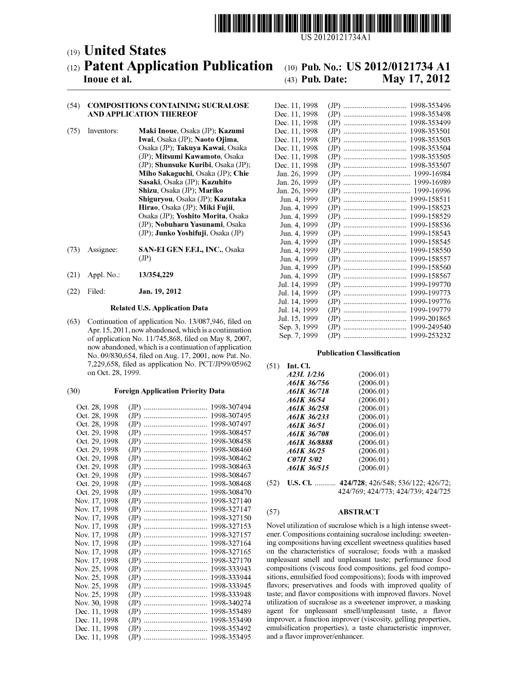 (12) Patent Application Publication (10) Pub. No.: US 2012/0121734 A1 Inoue Et Al