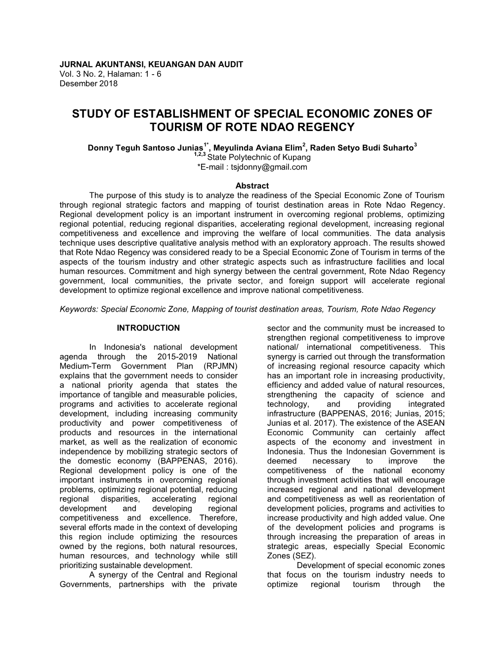 Study of Establishment of Special Economic Zones of Tourism of Rote Ndao Regency