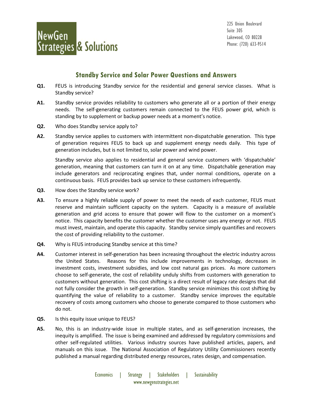 Standby Service and Solar Power Questions and Answers Q1