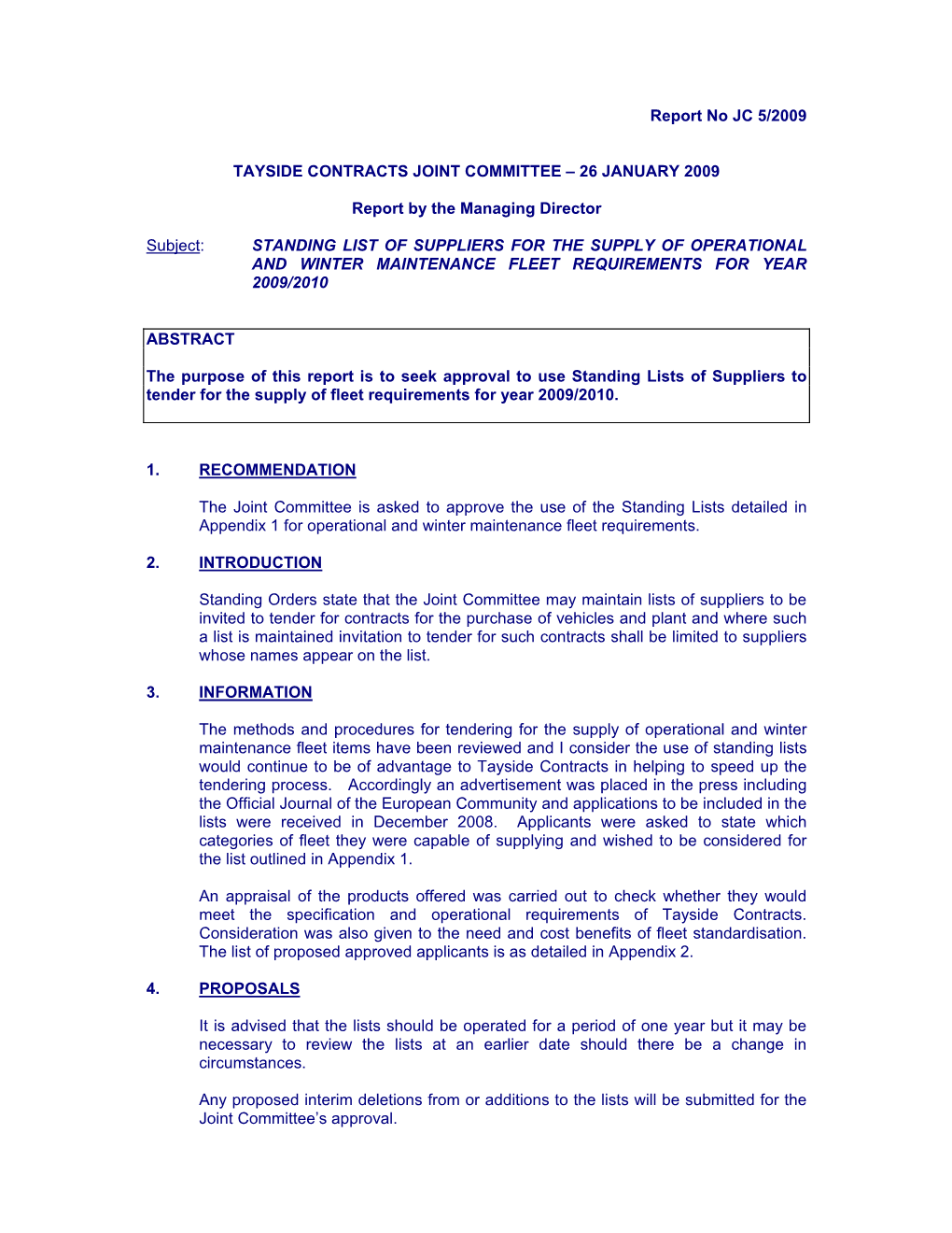 Report No JC 5/2009 TAYSIDE CONTRACTS JOINT COMMITTEE