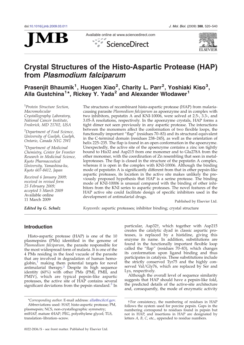 Crystal Structures of the Histo-Aspartic Protease (HAP) from Plasmodium Falciparum