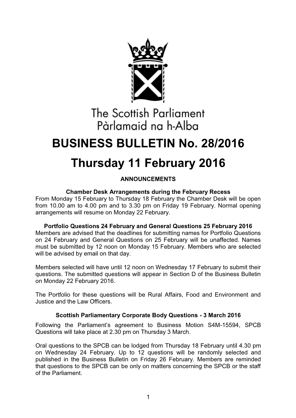 BUSINESS BULLETIN No. 28/2016 Thursday 11 February 2016