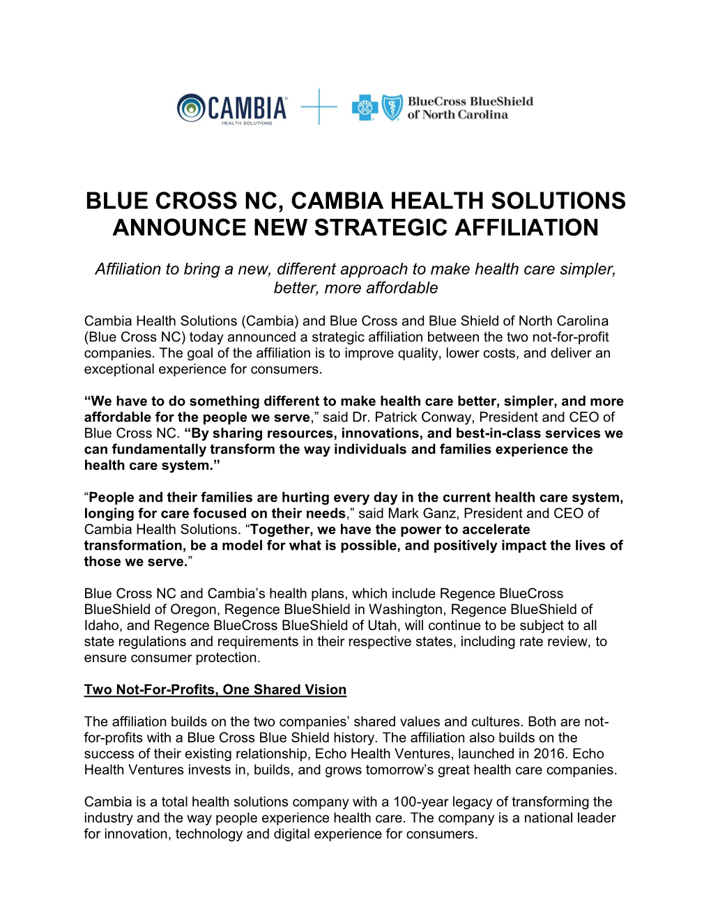 Blue Cross Nc, Cambia Health Solutions Announce New Strategic Affiliation