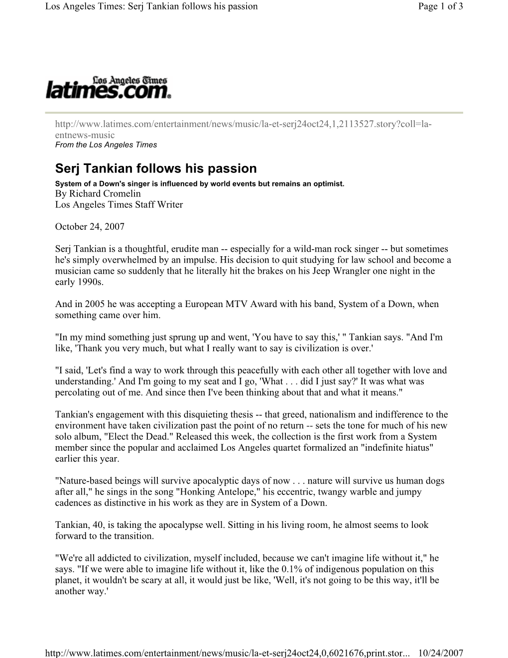 Serj Tankian Follows His Passion Page 1 of 3