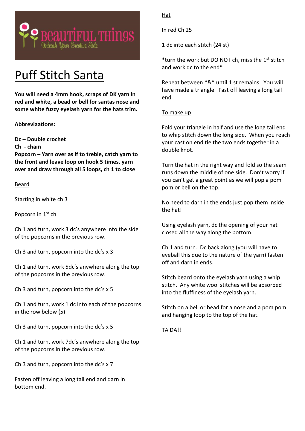 Puff Stitch Santa Repeat Between *&* Until 1 St Remains